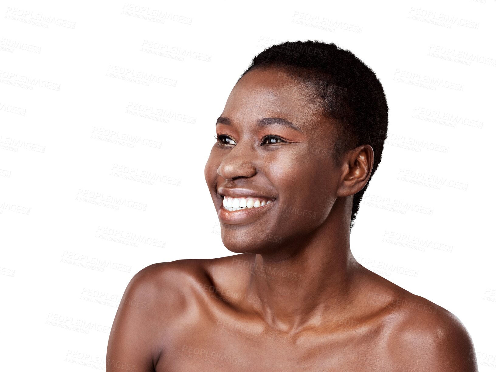 Buy stock photo African woman, smile and face with beauty or makeup for skin, glow or healthy facial cosmetics on transparent, isolated or png background. Happy, black model and skin care in dermatology salon