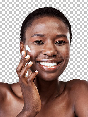 Buy stock photo Portrait, skincare and black woman with cream, cosmetics and dermatology isolated on a transparent background. Female person, face or model with lotion, makeup or aesthetic with natural beauty or png