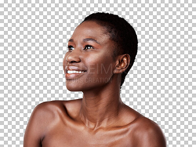 Buy stock photo Happy, African woman and face with natural beauty or skin, glow and healthy facial cosmetics on transparent, isolated or png background. Black model, smile and skin care in dermatology salon