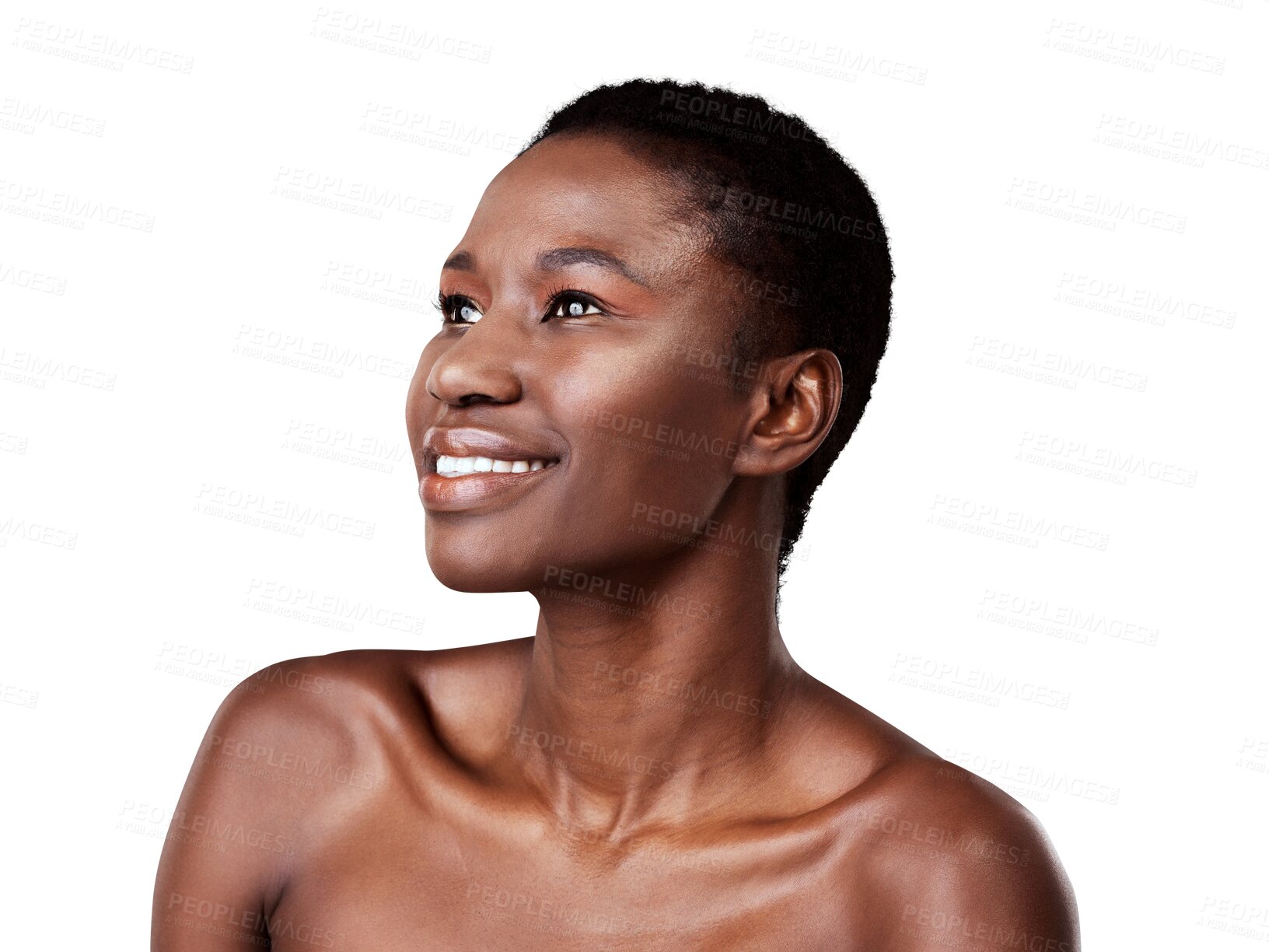 Buy stock photo Happy, African woman and face with natural beauty or skin, glow and healthy facial cosmetics on transparent, isolated or png background. Black model, smile and skin care in dermatology salon