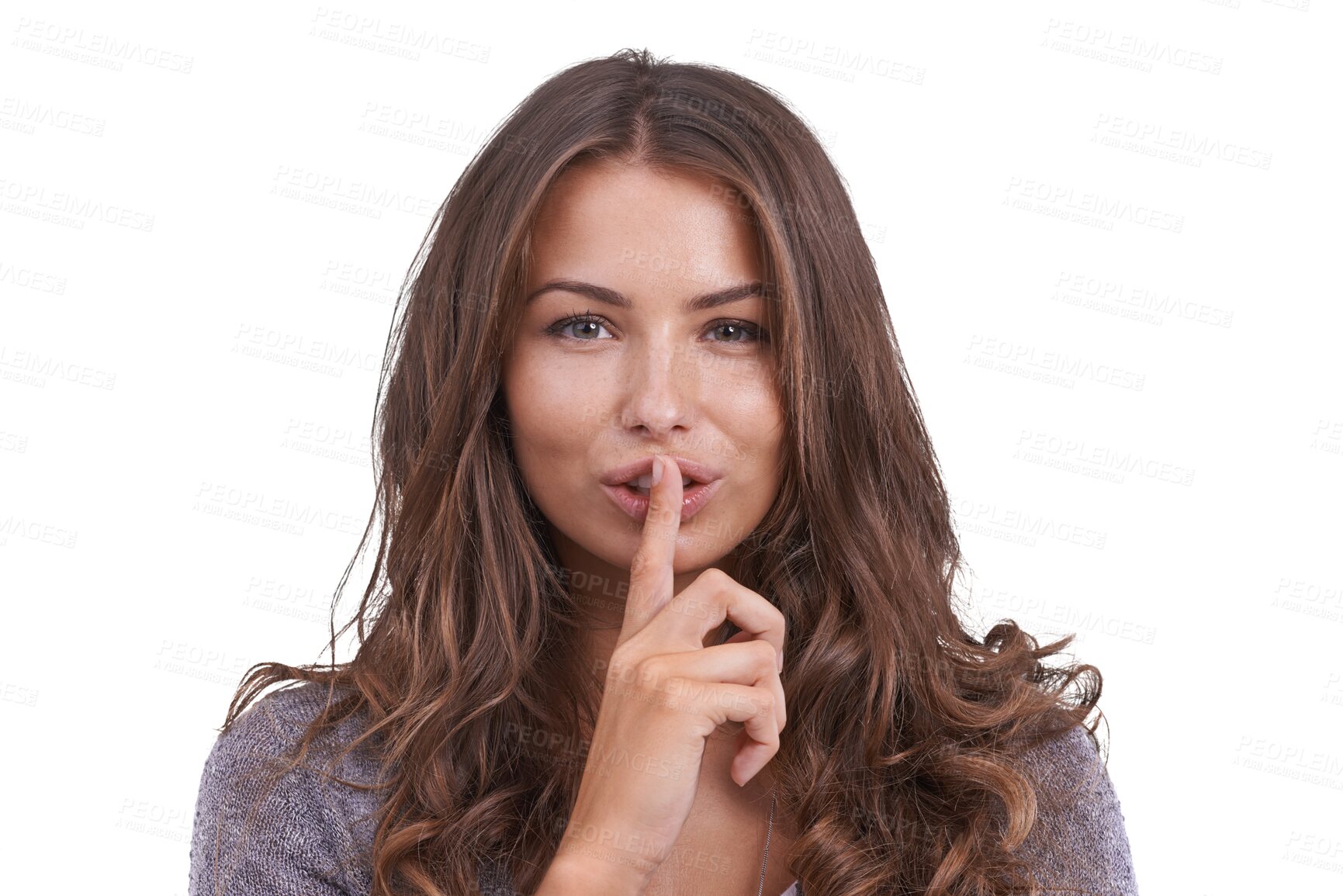 Buy stock photo Secret, portrait and woman to whisper with gossip, news or emoji with privacy on isolated, transparent or png background. Hand, finger for silence and gesture for confidential information or hush