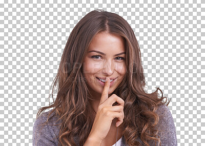 Buy stock photo Happy, woman with a secret and portrait to whisper with gossip, news or emoji on isolated, transparent or png background. Hand, finger for silence and gesture for confidential information or hush