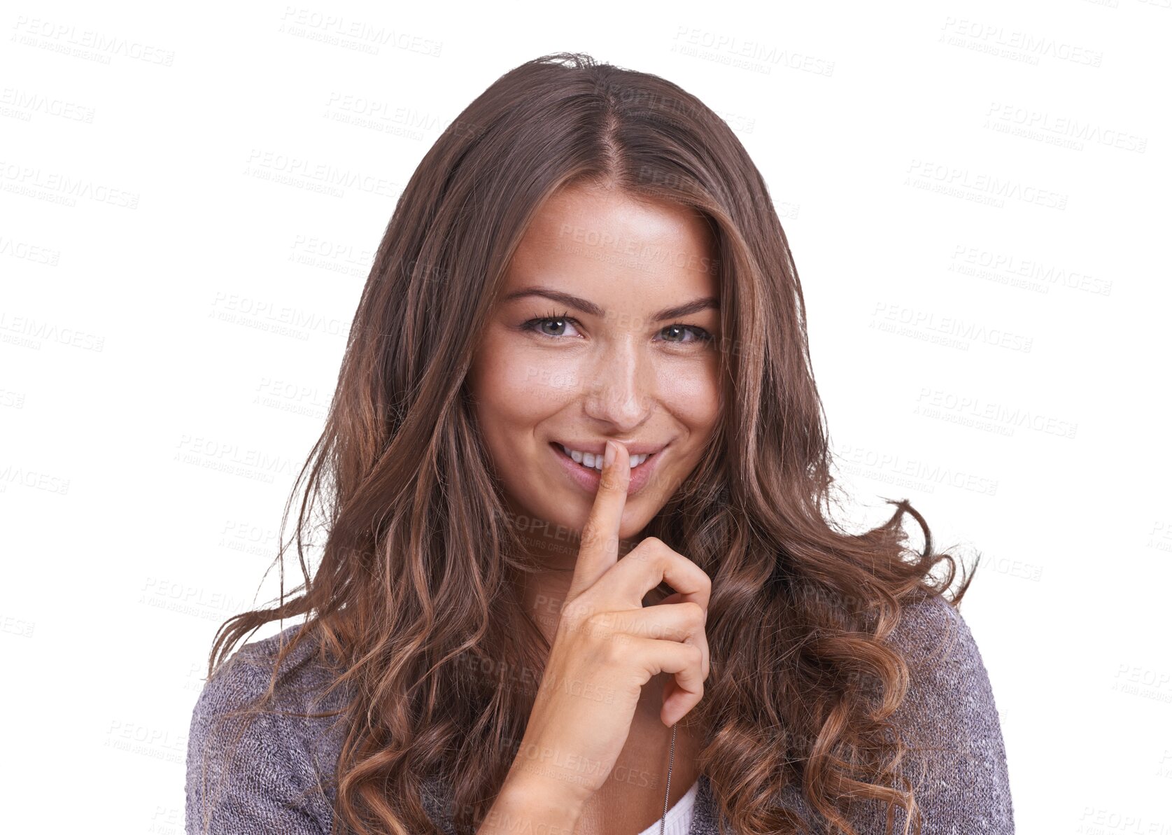 Buy stock photo Happy, woman with a secret and portrait to whisper with gossip, news or emoji on isolated, transparent or png background. Hand, finger for silence and gesture for confidential information or hush