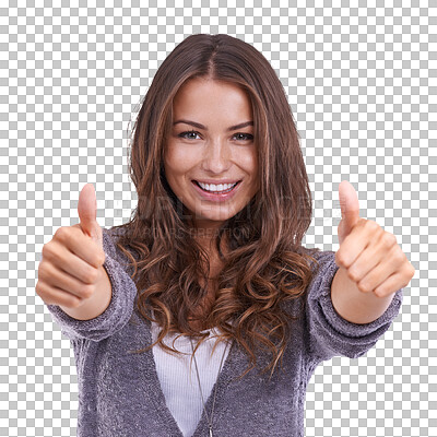 Buy stock photo ??Thumbs up, happy woman and portrait for winner success, thank you or agreement, yes and like sign. Young person or model with okay, good job hands or emoji isolated on transparent, png background