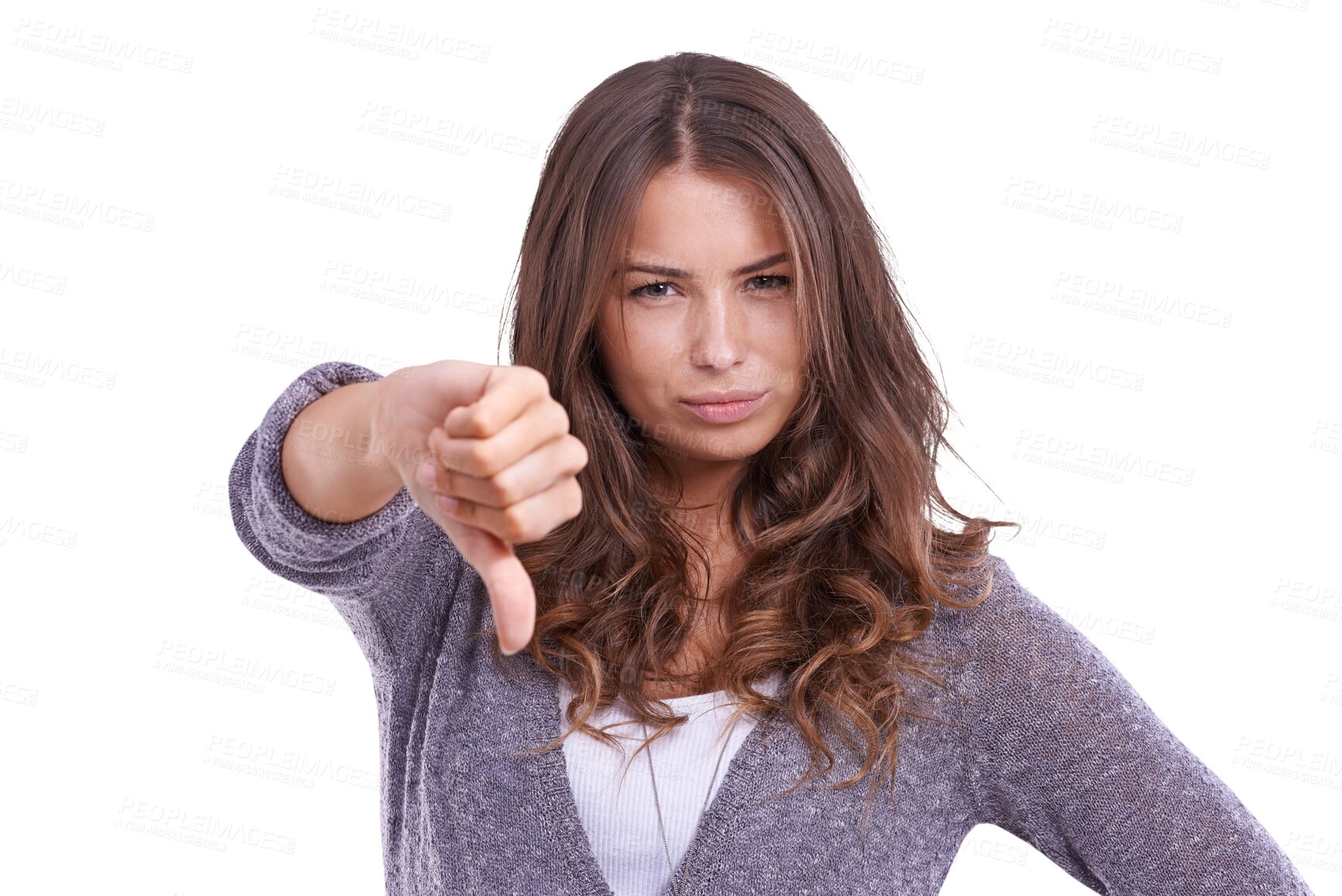 Buy stock photo Woman, thumbs down and negative feedback in portrait, rejection and hand gesture isolated on transparent png background. Review, opinion and voice with wrong choice, female person and vote with fail