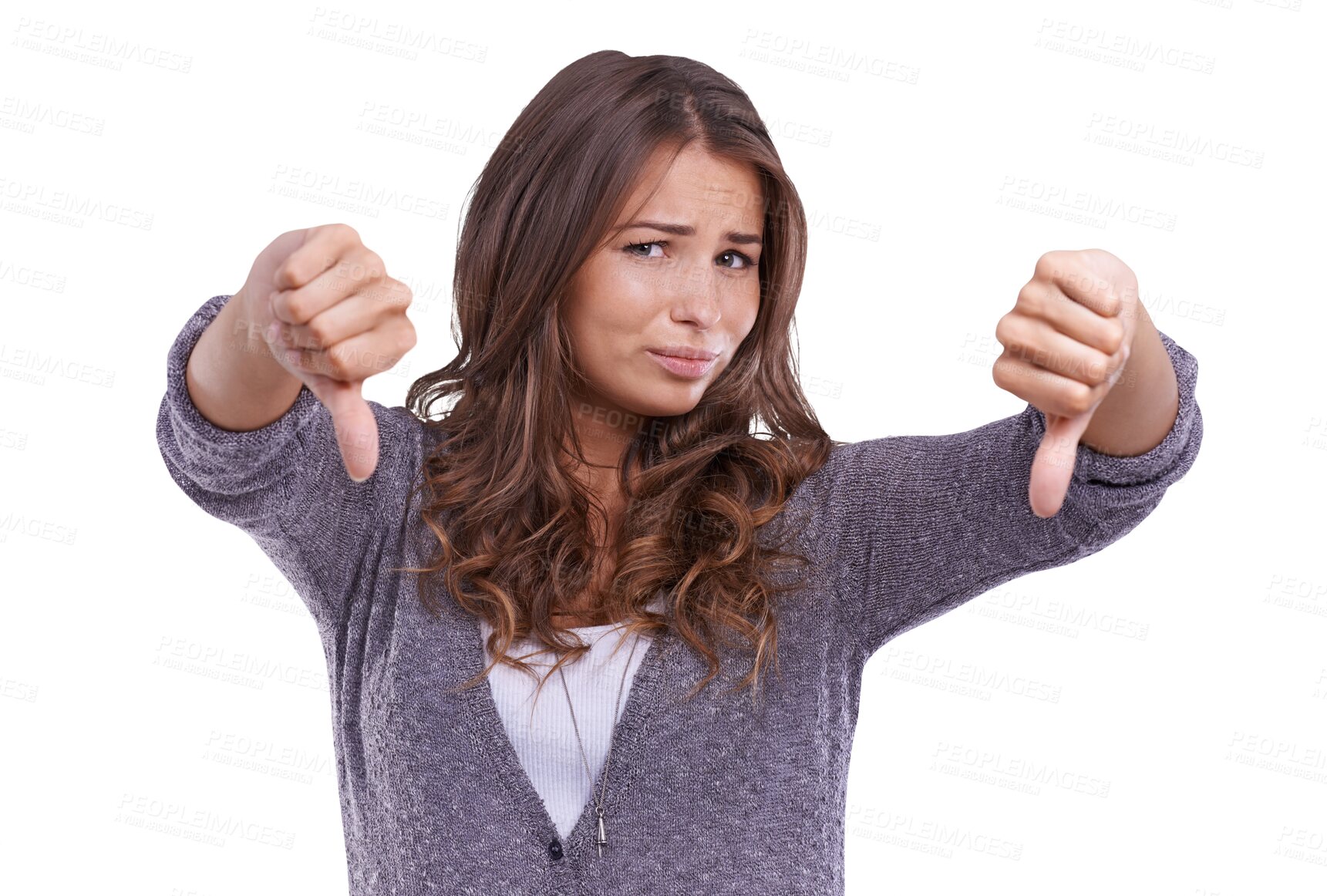 Buy stock photo Woman, thumbs down and negative review in portrait, rejection and hand gesture isolated on transparent png background. Feedback, opinion and voice with wrong choice, female person and vote with fail