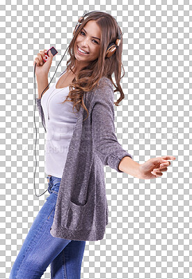 Buy stock photo Woman, dance and happy with headphones in portrait in png or isolated background or transparent. Movement, happiness and girl is listening to song with tech for fun or radio, audio to celebrate.