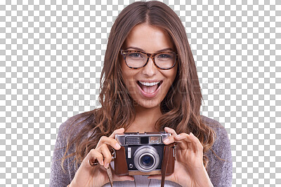 Buy stock photo Portrait, woman and photography with retro camera, fun and excited for creative media while isolated on a transparent png background. Happy female photographer, smile and lens of vintage equipment