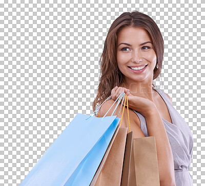 Buy stock photo Woman, shopping bag and fashion, retail and commerce with boutique discount isolated on png transparent background. Happy, female customer with commercial and style, clothes and sale at market