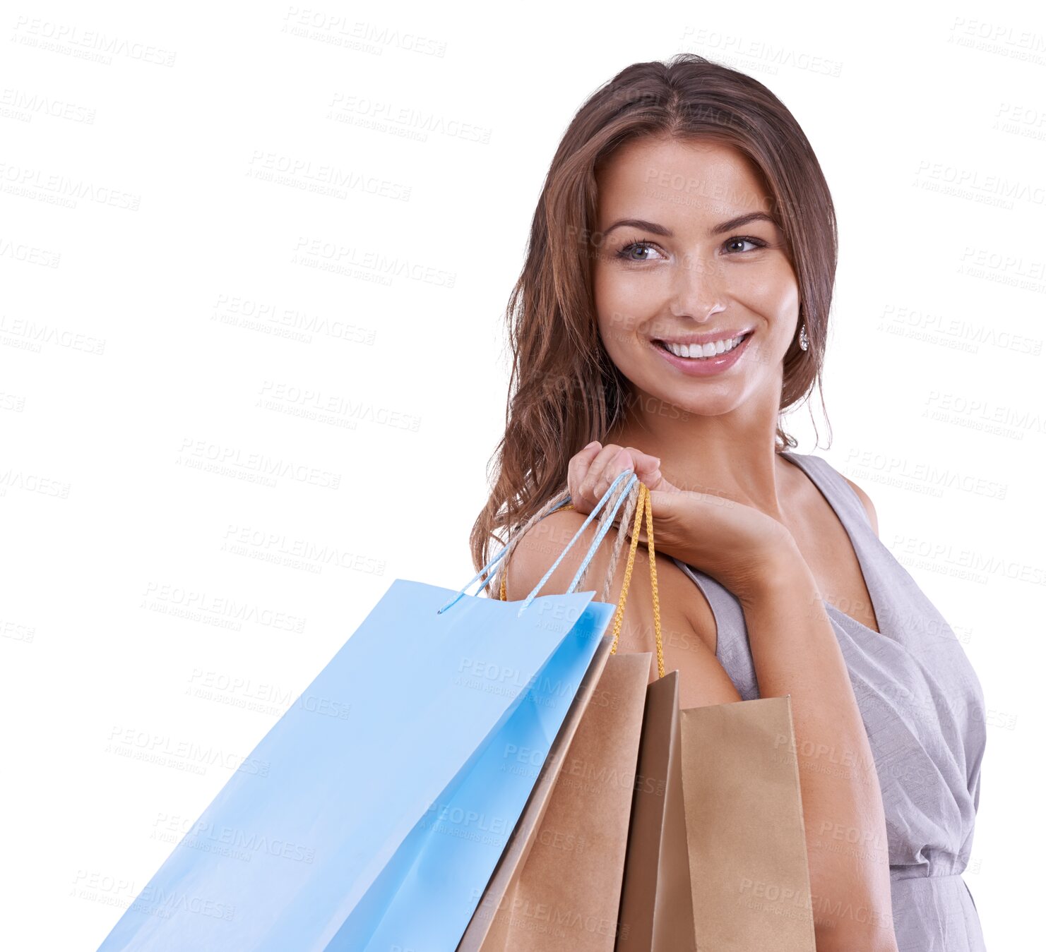 Buy stock photo Woman, shopping bag and fashion, retail and commerce with boutique discount isolated on png transparent background. Happy, female customer with commercial and style, clothes and sale at market