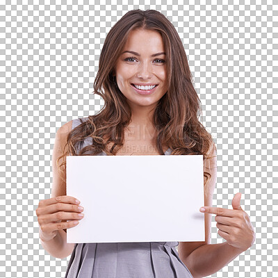 Buy stock photo Pointing, poster and portrait of woman for advertising on isolated, PNG and transparent background. Information, branding and happy female person with banner for promotion, discount and sale news