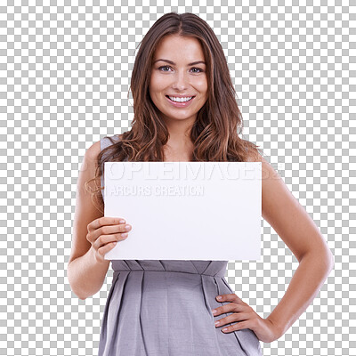 Buy stock photo Poster, fashion and portrait of woman for advertising on isolated, PNG and transparent background. Information, branding and happy female person with banner for promotion, discount and deal news