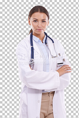 Buy stock photo Portrait, serious doctor or woman with arms crossed isolated on a transparent png background. Medical professional, confident surgeon or worker, employee or healthcare expert in hospital for wellness