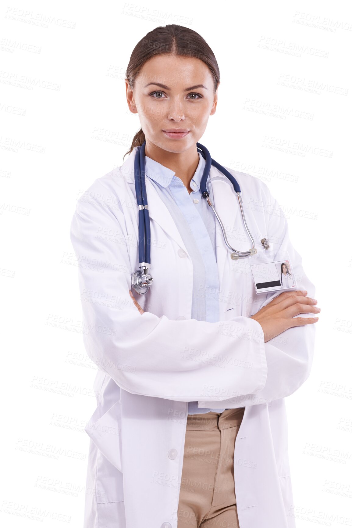 Buy stock photo Portrait, serious doctor or woman with arms crossed isolated on a transparent png background. Medical professional, confident surgeon or worker, employee or healthcare expert in hospital for wellness