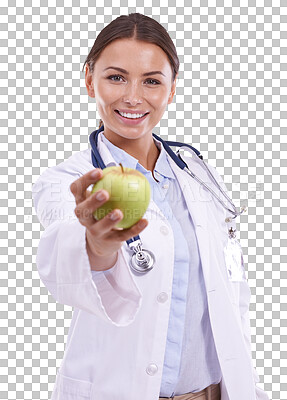 Buy stock photo Happy woman, portrait and doctor with apple for healthy diet isolated on a transparent PNG background. Female person, medical or healthcare professional smile with organic fruit for natural nutrition