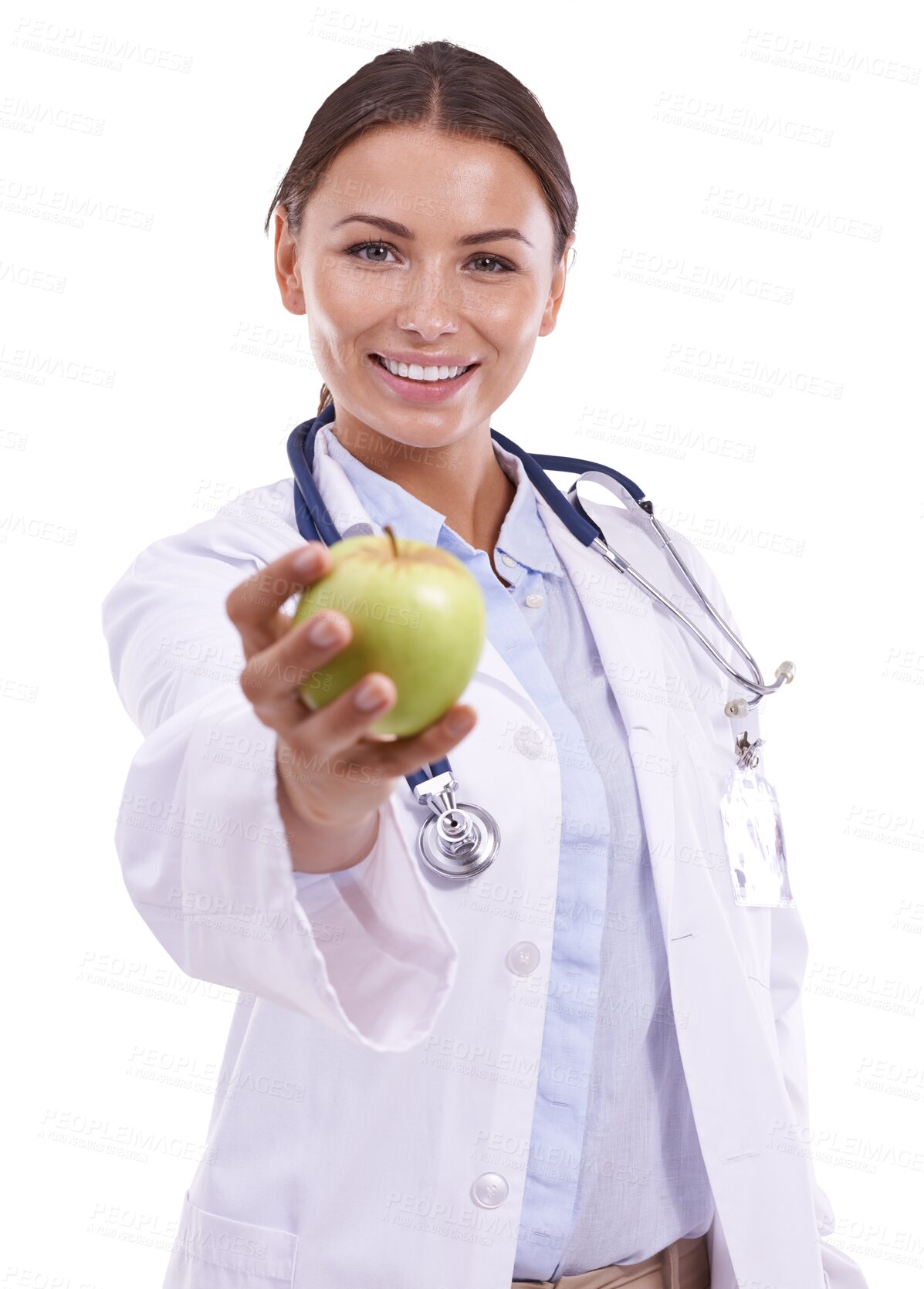 Buy stock photo Happy woman, portrait and doctor with apple for healthy diet isolated on a transparent PNG background. Female person, medical or healthcare professional smile with organic fruit for natural nutrition