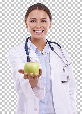 Buy stock photo Happy woman, portrait and doctor with apple for diet isolated on a transparent PNG background. Female person, medical or healthcare professional smile with healthy organic fruit for natural nutrition