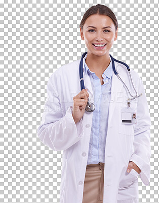 Buy stock photo Doctor, woman with smile and health, portrait and cardiology surgeon isolated on png transparent background. Medical professional, cardiovascular healthcare and happy female person in medicine