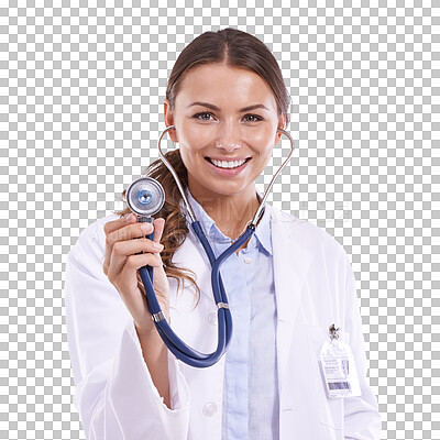 Buy stock photo Happy woman, portrait and doctor with stethoscope for cardiology isolated on a transparent PNG background. Female person, medical or healthcare professional smile in heart beat, BPM or clinic checkup