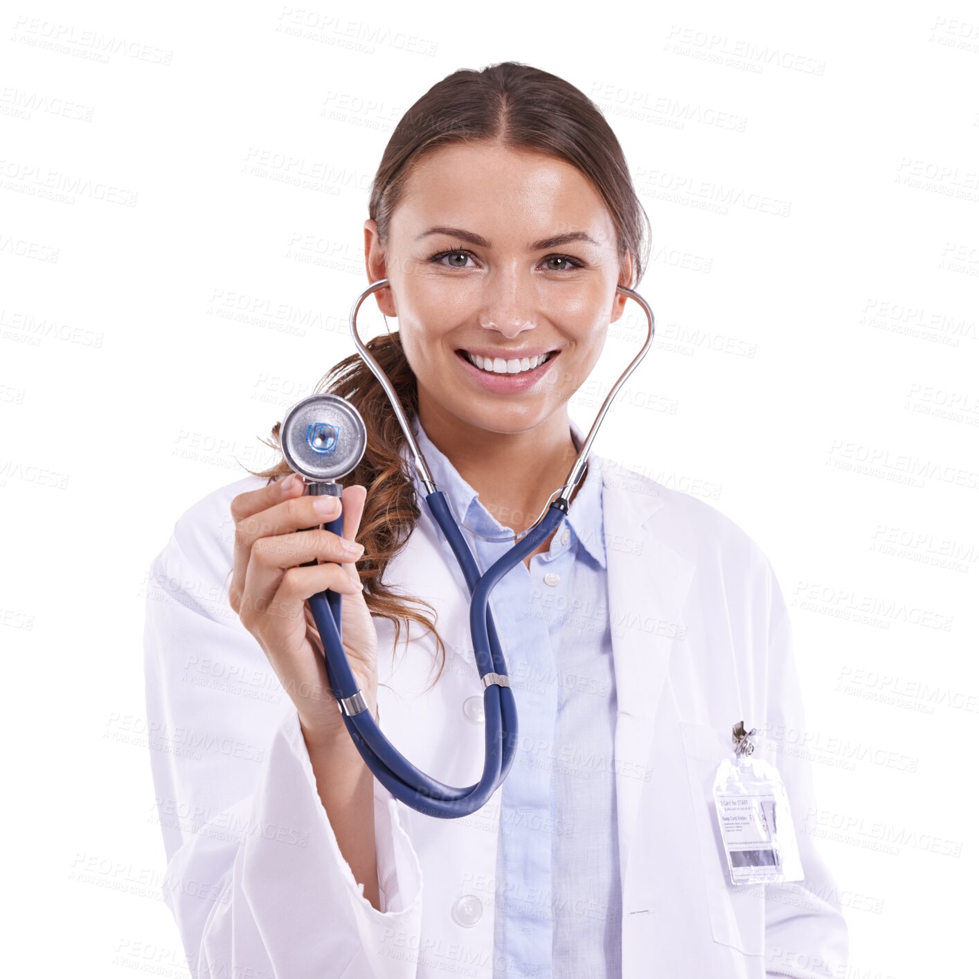Buy stock photo Happy woman, portrait and doctor with stethoscope for cardiology isolated on a transparent PNG background. Female person, medical or healthcare professional smile in heart beat, BPM or clinic checkup