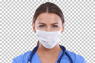 Buy stock photo Woman, portrait and doctor with face mask for health and safety isolated on a transparent PNG background. Female person, medical or healthcare professional with facial protection for healthy wellness