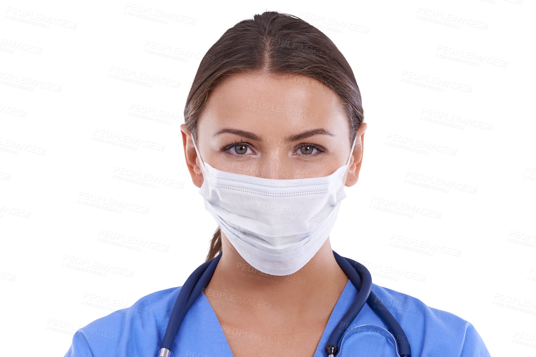 Buy stock photo Woman, portrait and doctor with face mask for health and safety isolated on a transparent PNG background. Female person, medical or healthcare professional with facial protection for healthy wellness