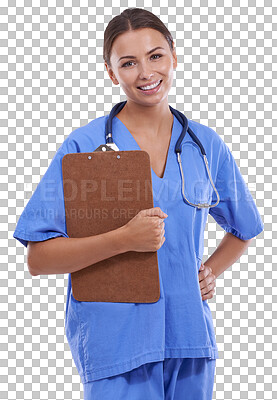 Buy stock photo Happy woman, portrait and doctor with clipboard for healthcare advice isolated on a transparent PNG background. Female person, medical professional or nurse smile for advice, assistance or insurance