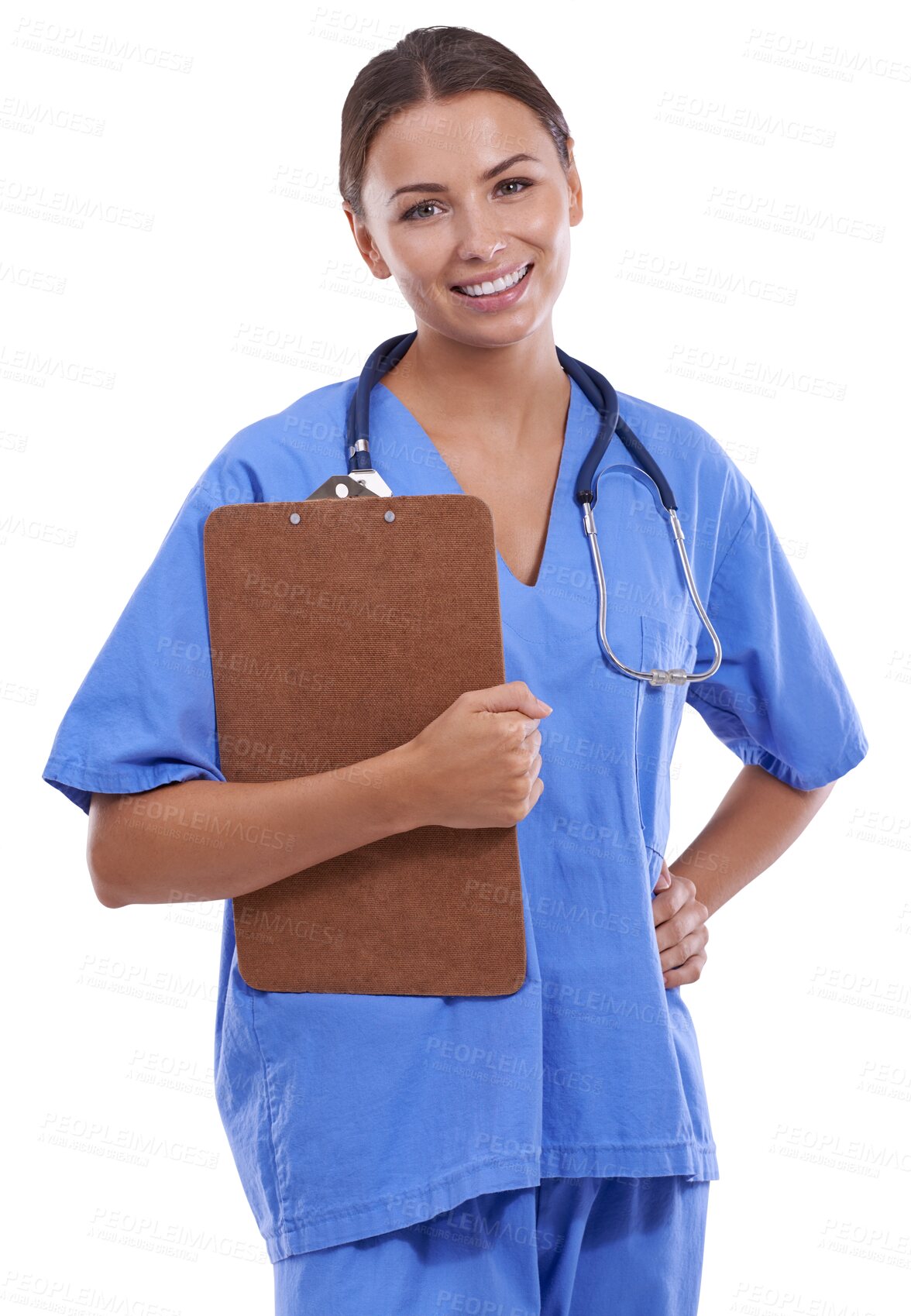 Buy stock photo Happy woman, portrait and doctor with clipboard for healthcare advice isolated on a transparent PNG background. Female person, medical professional or nurse smile for advice, assistance or insurance