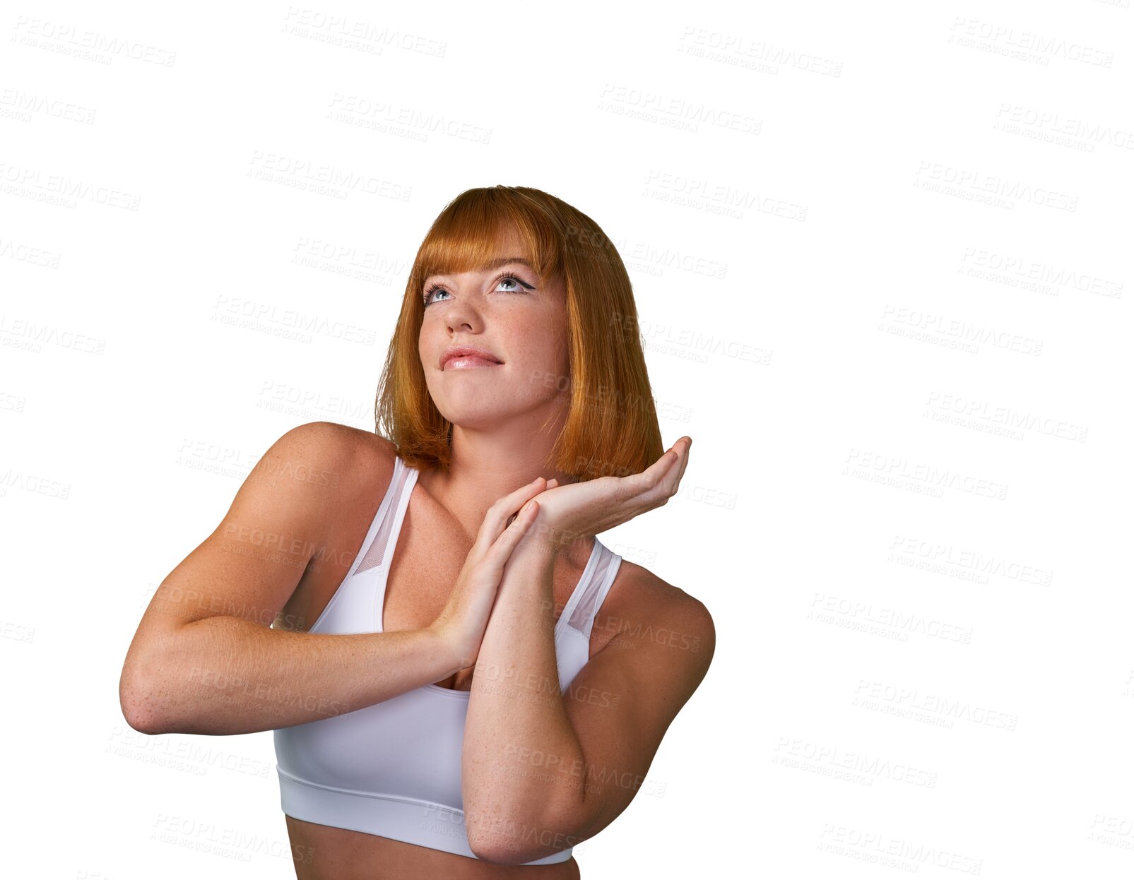 Buy stock photo Sports, fitness and workout with woman and thinking on png for training, health and strong. Exercise, wellness and gym with face of female athlete isolated on transparent background for performance