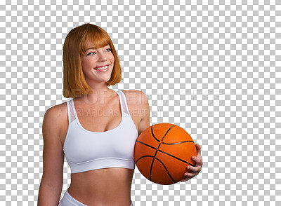 Buy stock photo Basketball, happy woman and thinking of sports, exercise and performance isolated on transparent png background. Confident athlete, young female person and player smile for training ideas with ball