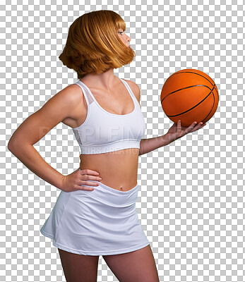 Buy stock photo Woman, basketball and shake hair for sports, training or isolated on transparent png background. Female athlete, person and player turn head with motion for fitness, exercise or performance with ball