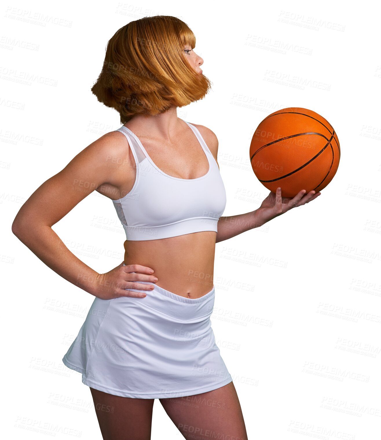 Buy stock photo Woman, basketball and shake hair for sports, training or isolated on transparent png background. Female athlete, person and player turn head with motion for fitness, exercise or performance with ball