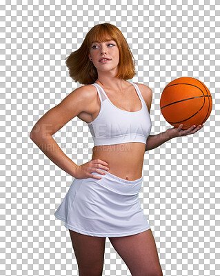 Buy stock photo Woman, basketball and confident for sports, thinking of training or isolated on transparent png background. Female athlete, person and player with wind in hair for fitness, games or contest with ball