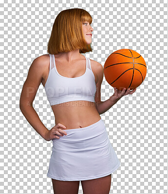 Buy stock photo Basketball, woman and ready for sports, exercise or competition isolated on transparent png background. Happy athlete, female person or player thinking of fitness, action or training with orange ball