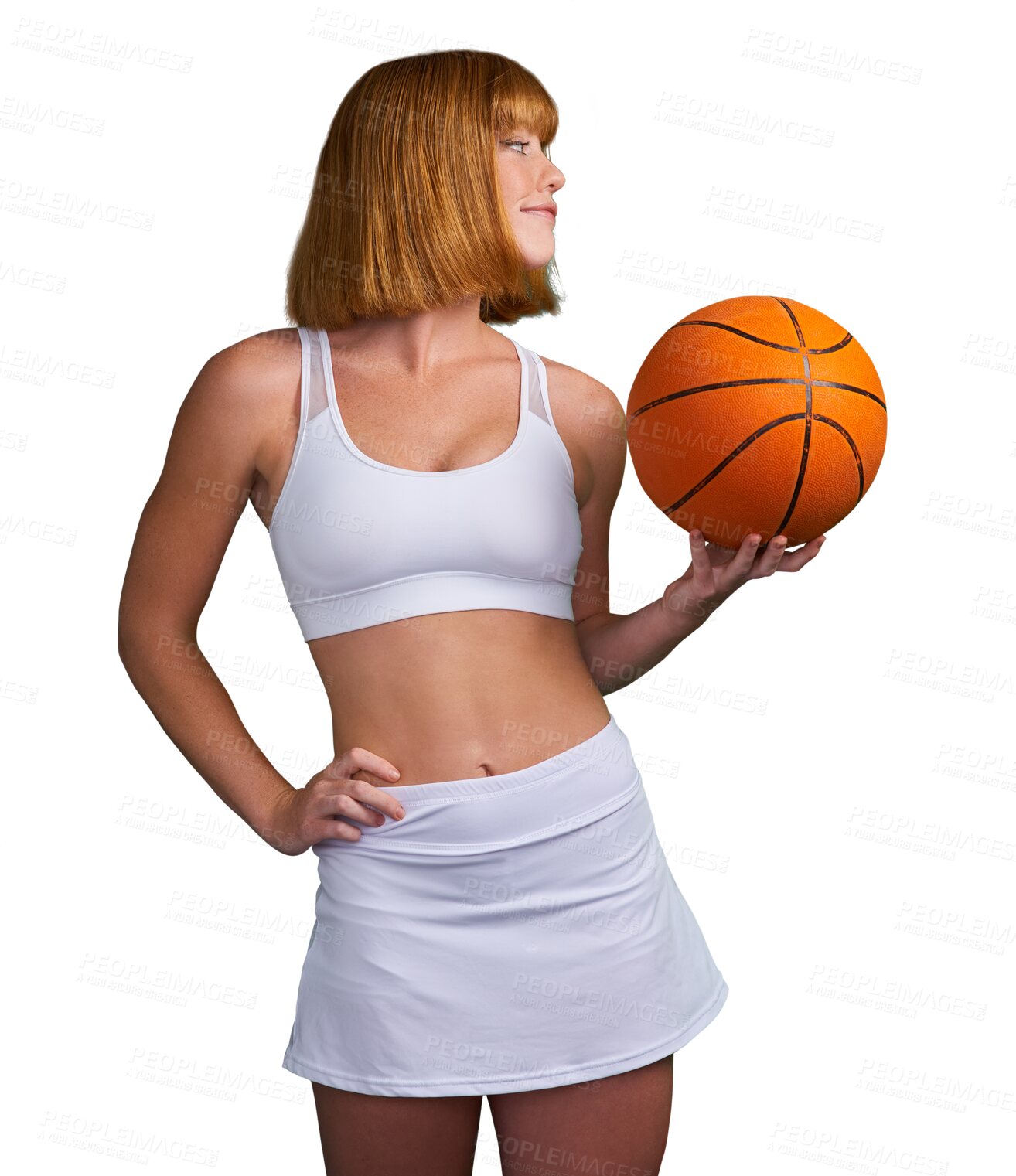 Buy stock photo Basketball, woman and ready for sports, exercise or competition isolated on transparent png background. Happy athlete, female person or player thinking of fitness, action or training with orange ball