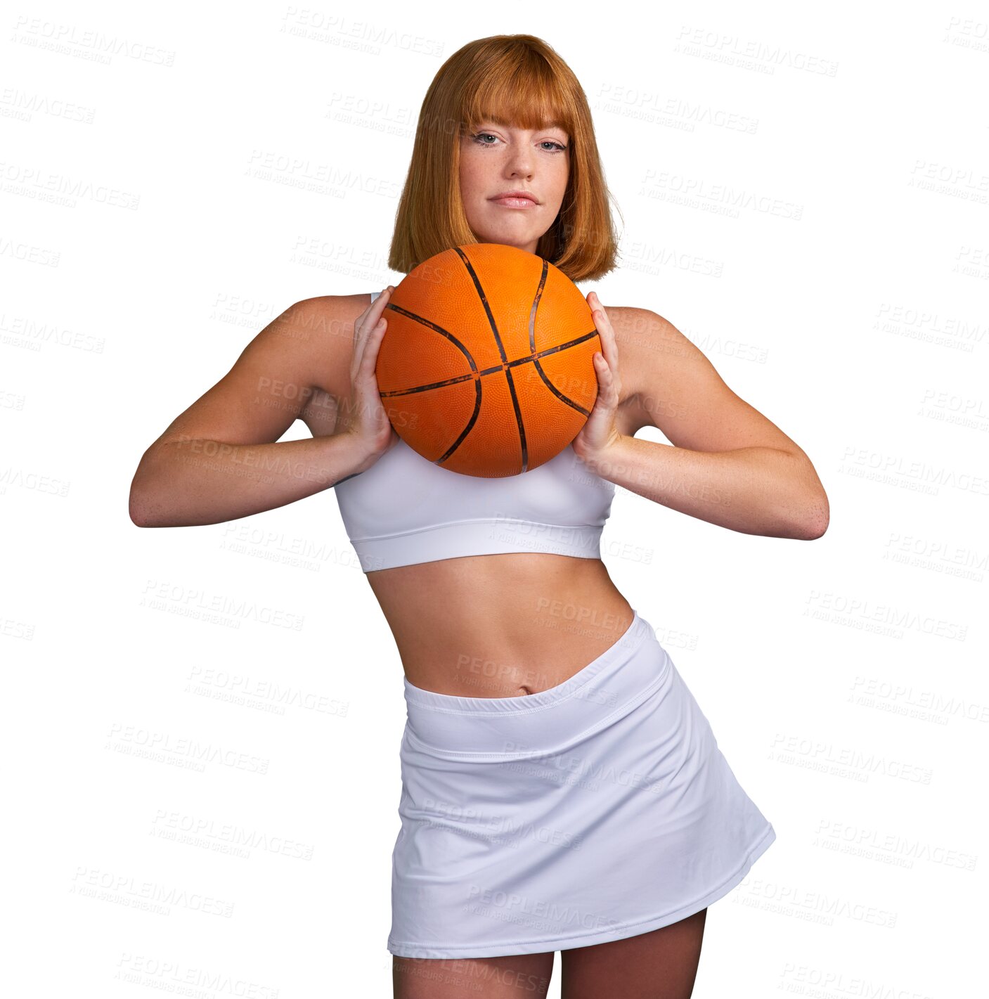 Buy stock photo Basketball, woman in portrait for sports and fitness, training and professional player on transparent png background. Active, health and competition, female athlete in sportswear and exercise workout