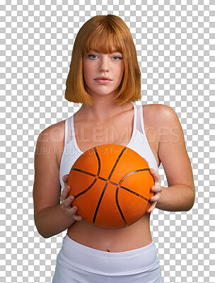 Buy stock photo Basketball, serious portrait and woman in sports, exercise and performance isolated on transparent png background. Fitness athlete, young female person and player focus on training with orange ball 