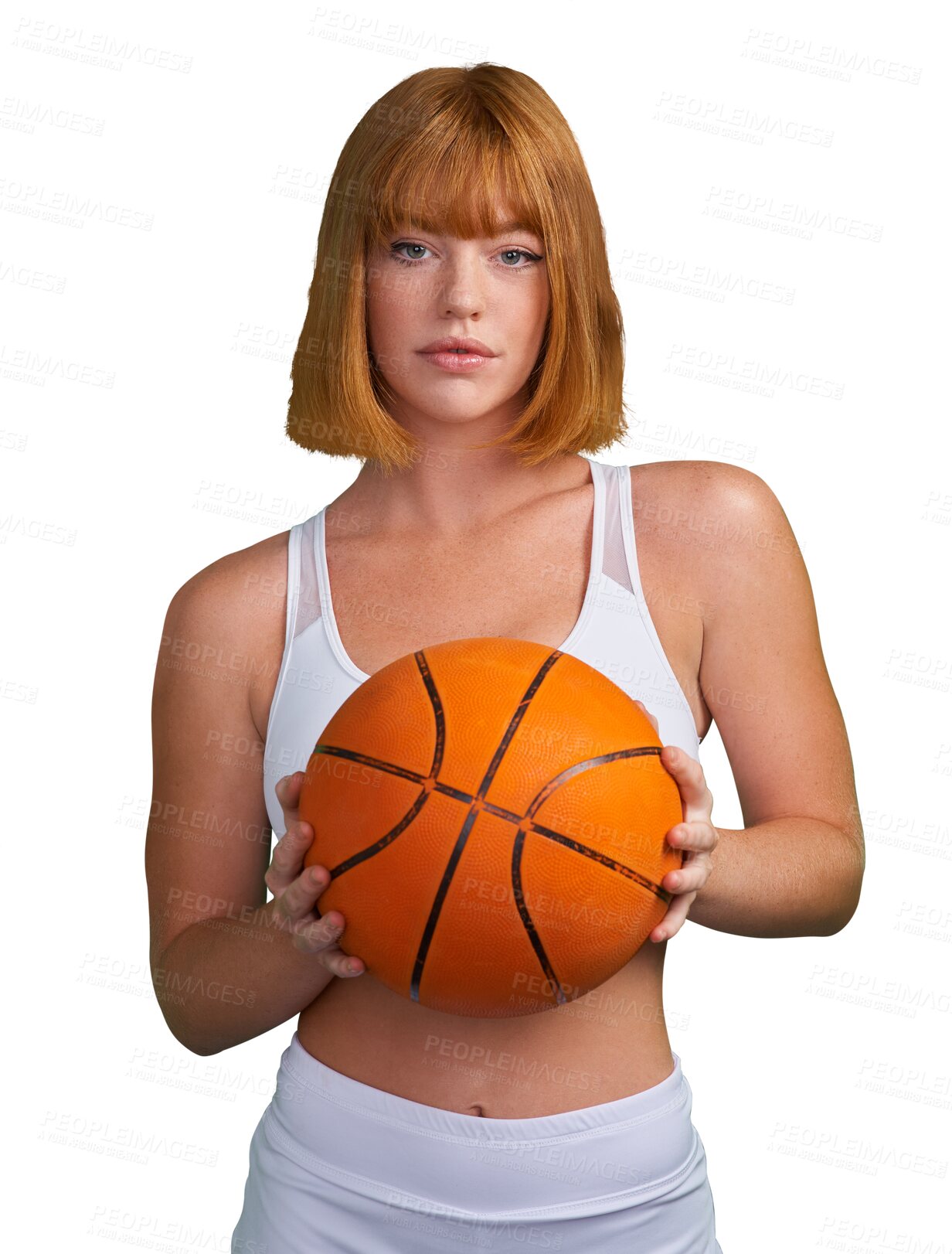 Buy stock photo Basketball, serious portrait and woman in sports, exercise and performance isolated on transparent png background. Fitness athlete, young female person and player focus on training with orange ball 