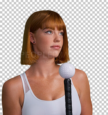 Buy stock photo Hockey, thinking and woman athlete with fitness, exercise and workout isolated in a transparent or png background. Competition, wellness and young female person ready for sports game training