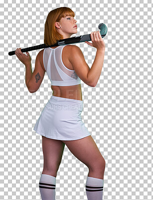 Buy stock photo Hockey, career and woman athlete at training, exercise and workout isolated in a transparent or png background. Competition, wellness and young female person ready for sports game and health