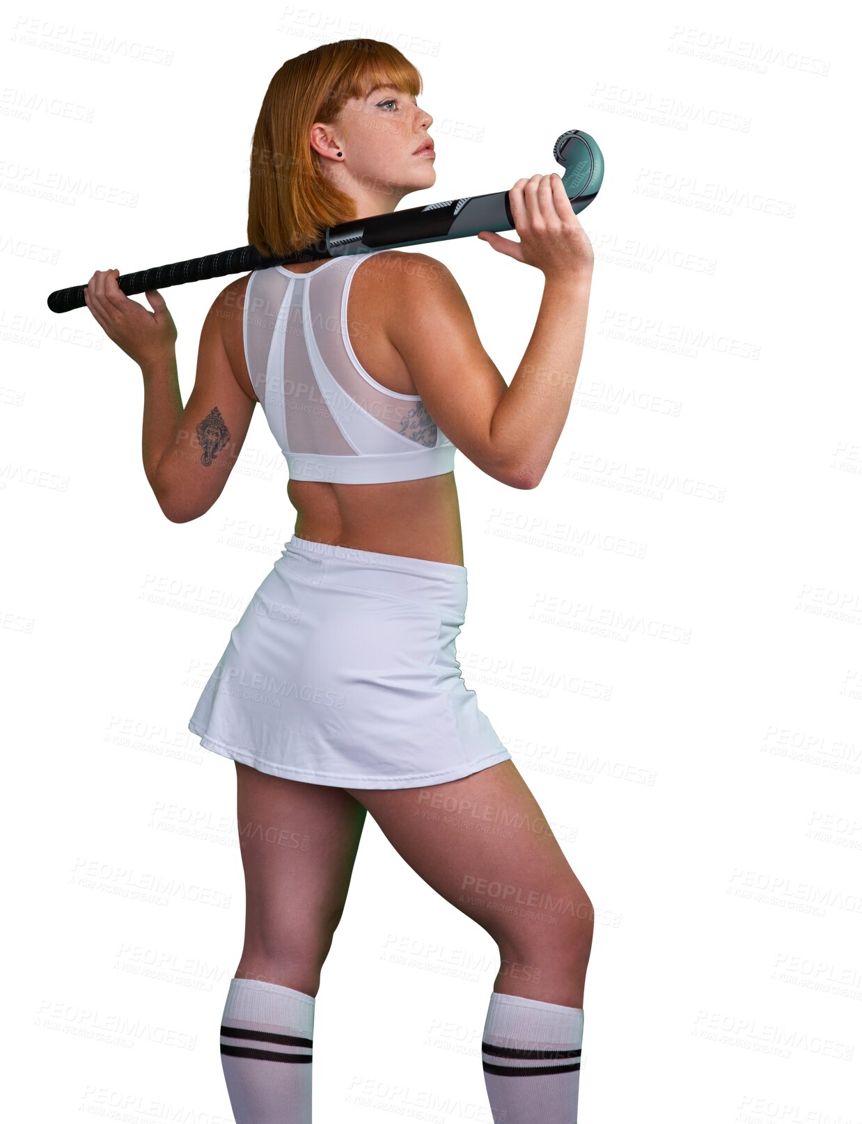 Buy stock photo Hockey, career and woman athlete at training, exercise and workout isolated in a transparent or png background. Competition, wellness and young female person ready for sports game and health