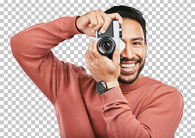 Buy stock photo Camera, photographer and portrait of a man with a creative, art or artistic photoshoot production job. Photography, smile and male person taking pictures isolated by a transparent png background.