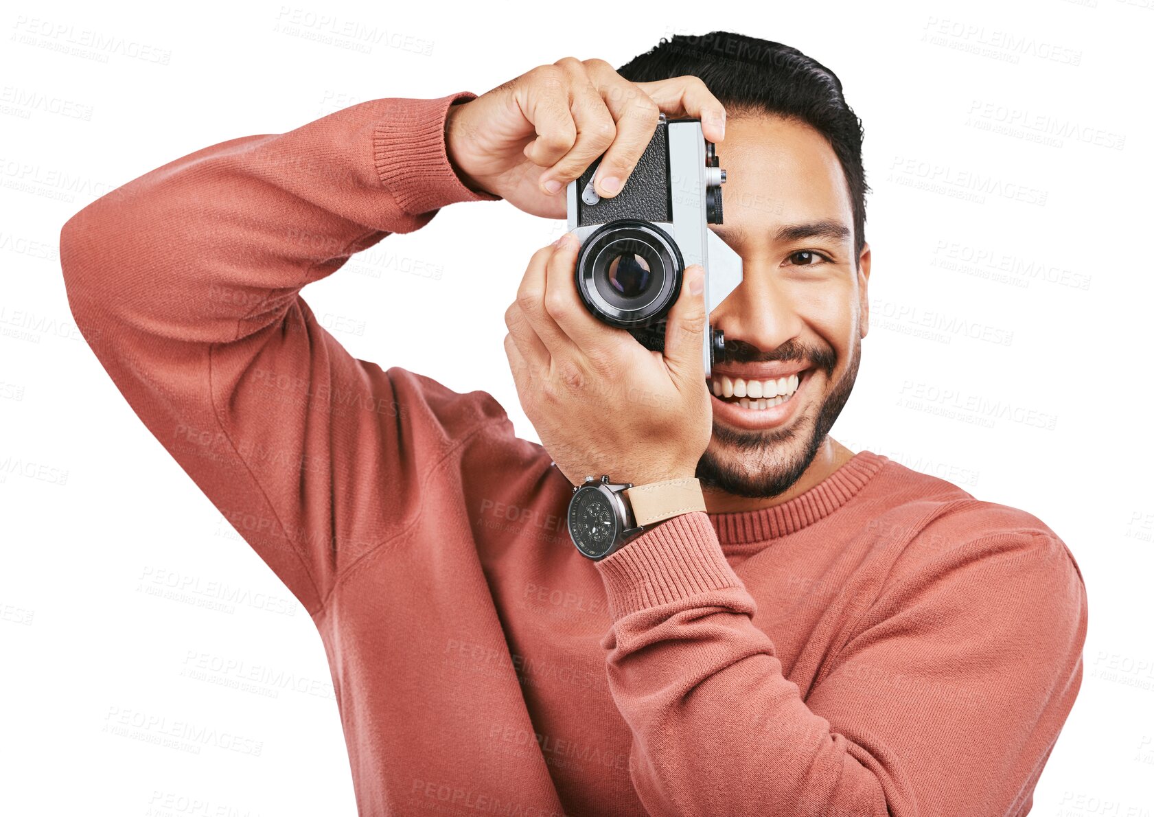 Buy stock photo Camera, photographer and portrait of a man with a creative, art or artistic photoshoot production job. Photography, smile and male person taking pictures isolated by a transparent png background.