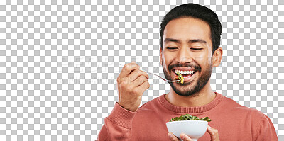 Health, eating salad and man with food bowl on isolated, png and transparent background for wellness. Vegan diet, lose weight and happy male person with vegetables for nutrition, detox and vitamins