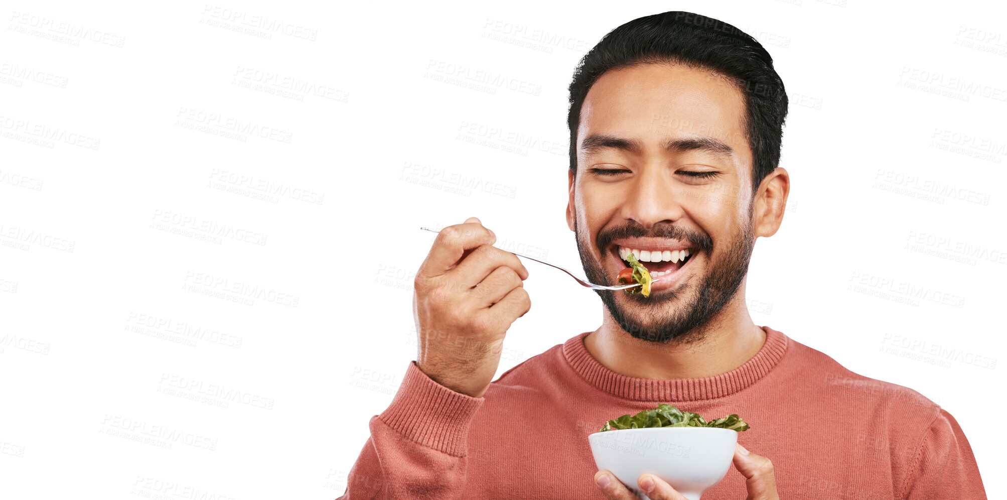 Buy stock photo Health, eating salad and man with food bowl on isolated, png and transparent background for wellness. Vegan diet, lose weight and happy male person with vegetables for nutrition, detox and vitamins