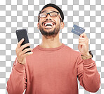 Man is excited, smartphone and credit card, online shopping and