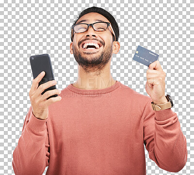 Buy stock photo Happy asian man, phone and credit card in payment success isolated on a transparent PNG background. Excited male person or shopper smile on mobile smartphone in bank app, online shopping or ecommerce