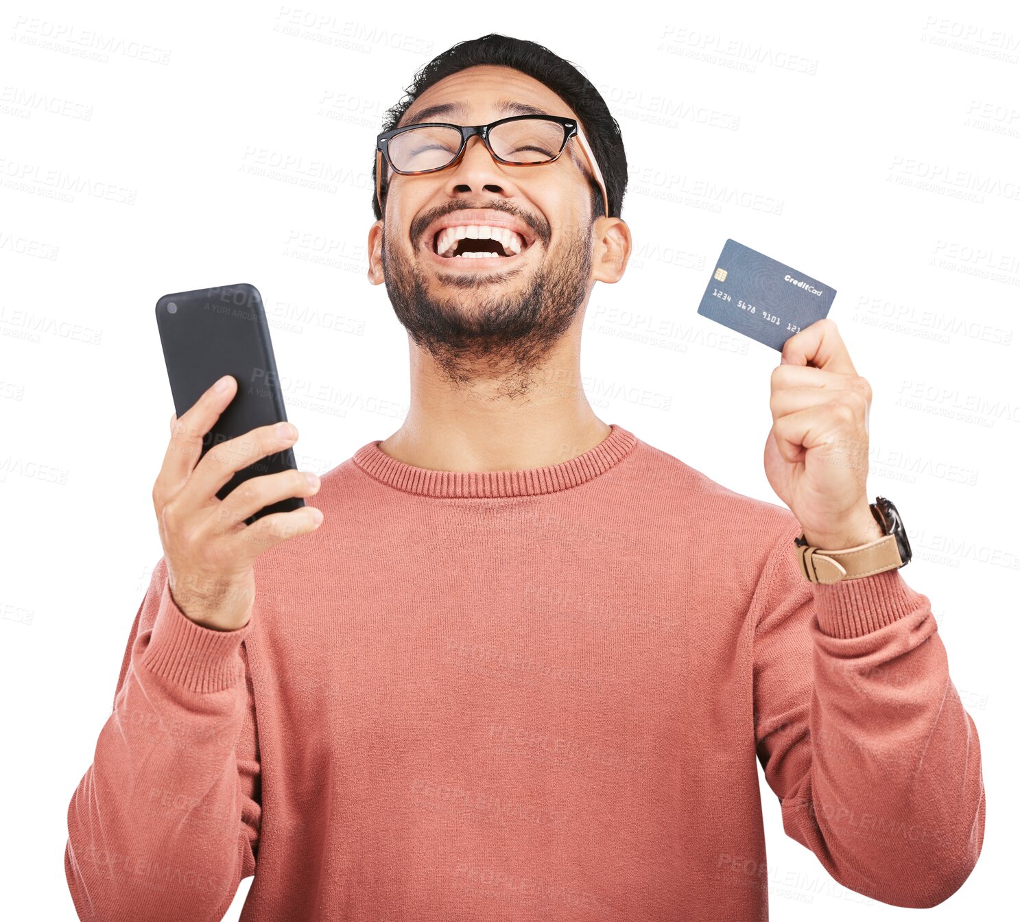 Buy stock photo Happy asian man, phone and credit card in payment success isolated on a transparent PNG background. Excited male person or shopper smile on mobile smartphone in bank app, online shopping or ecommerce