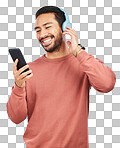 Man, smile and smartphone with headphones, listening to music or