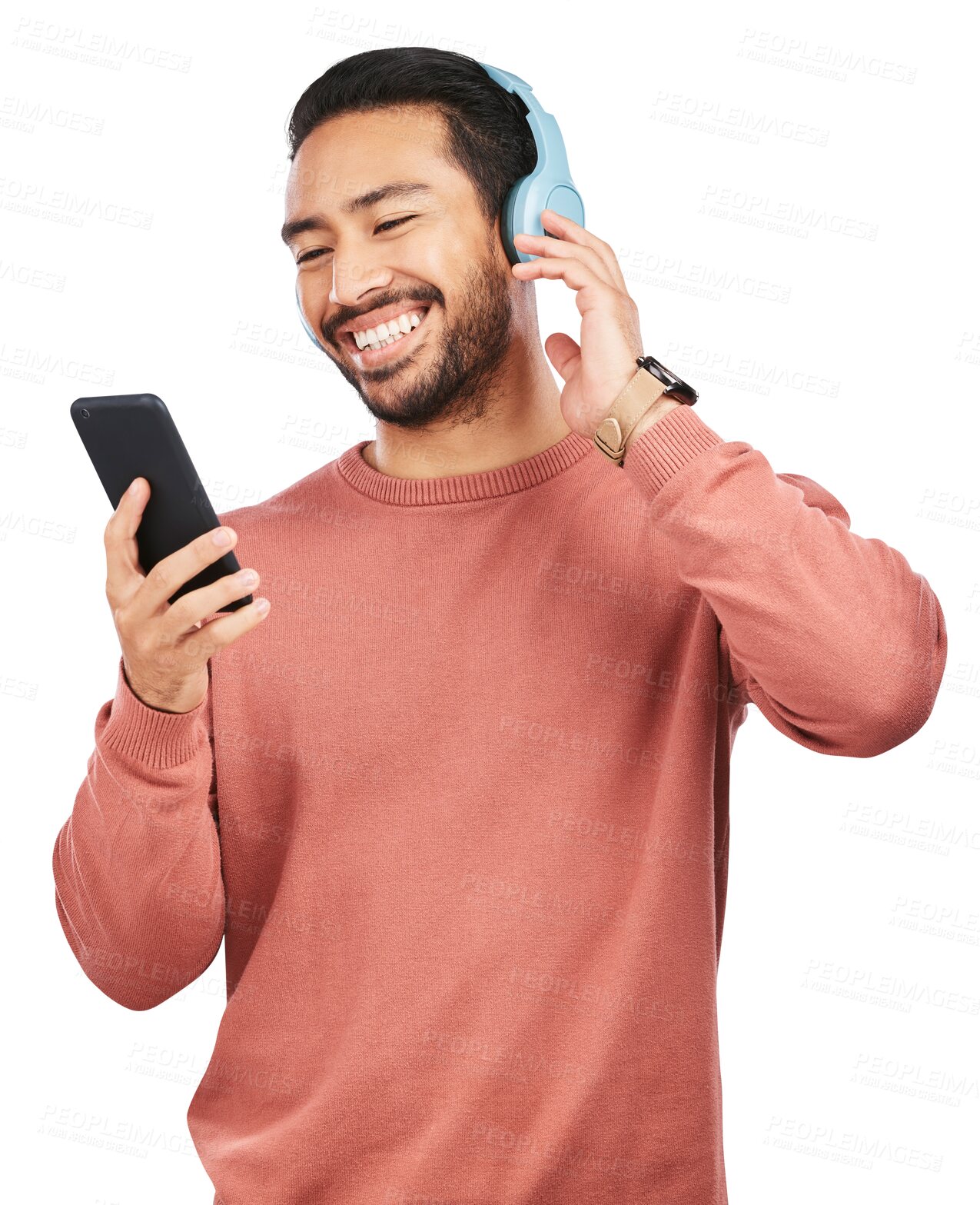 Buy stock photo Happy asian man, phone and listening to music standing isolated on a transparent PNG background. Male person enjoying audio streaming, sound track or songs on mobile smartphone app with headphones